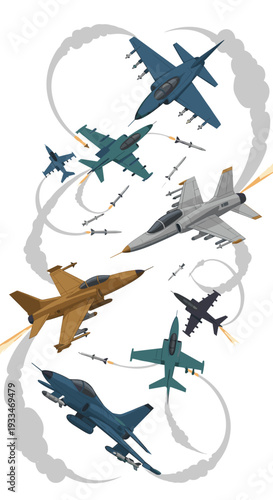 Seven multi-colored fighter jets are depicted mid-flight, launching numerous missiles with smoke trails against a clean white background.