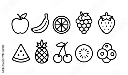 Fruits outline icon set. apple, banana, citrus, berries, watermelon linear icons
