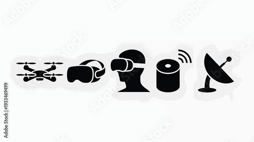 A minimalist vector illustration showcasing virtual reality technology with a drone, VR headset, and satellite dish on a clean background, ideal for tech and innovation concepts.