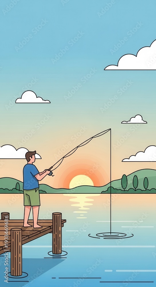 Fototapeta premium Young man enjoys casting a line from a wooden dock during a vibrant sunset over calm water