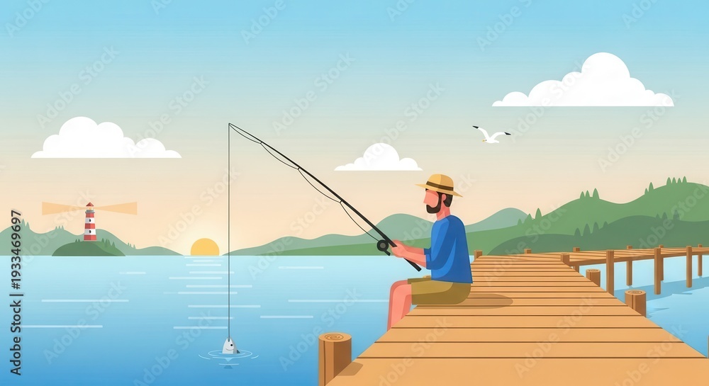 Naklejka premium Fisherman sitting on a wooden pier catches a fish at sunrise near a distant navigational tower