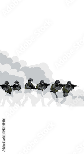Six armed soldiers in tactical gear are marching in a horizontal line through a smoky or cloudy environment.