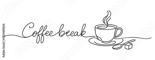Coffee break continuous one line drawing illustration featuring steaming cup with saucer and spoon, black and white design. concept of relaxation, minimalist art, office decor, leisure time