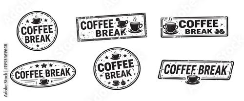 Coffee break stamps with cups and beans, black and white illustration. concept of cafe vibes, relaxation symbol, beverage enthusiasts, coffee lovers art, isolated on white background