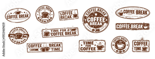 Vintage coffee break stamps collection illustration. retro coffee themed designs for cafes and coffee lovers. concept of nostalgic decor, caffeine enthusiast, typography art