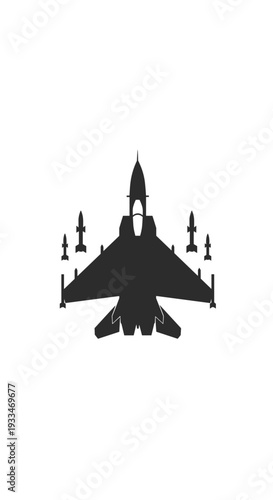 A single, clean black silhouette of a fighter jet is presented from a direct top-down perspective, equipped with four distinct missiles against an unblemished white background.