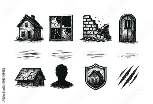 Haunted house silhouette icon set. spooky, horror symbols for halloween design.