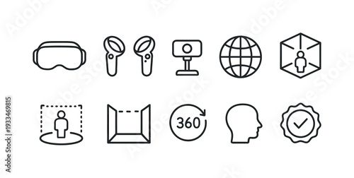 Virtual reality and ar outline icon set: headset, world, interactive symbols collection