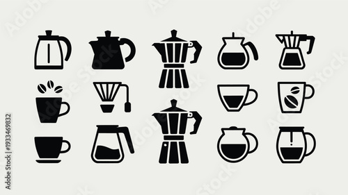 A set of black coffee maker and cup vector illustrations on a light gray background, perfect for cafe or restaurant branding, with a minimalist flat design style.