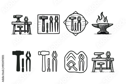 Blacksmith tools icon set. hand-drawn sketch collection of forging icons