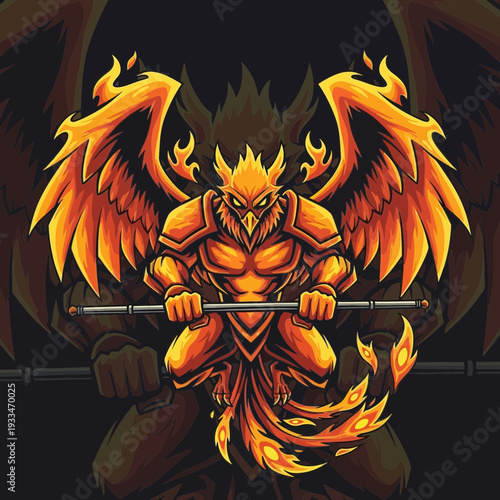 A powerful, armored phoenix with fiery wings and tail, holding a staff, depicted in a dynamic, heroic pose.