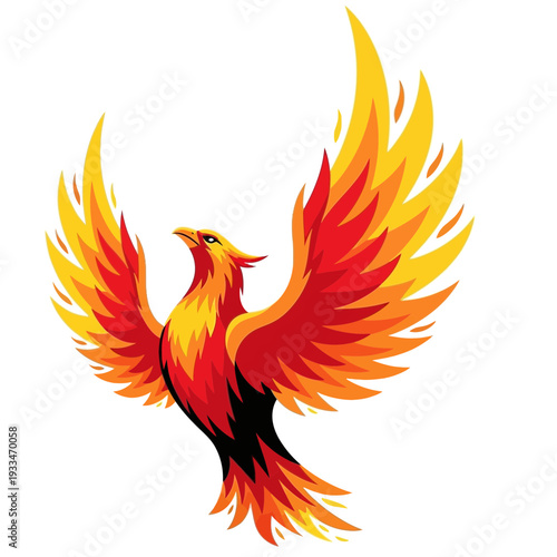 A vibrant illustration of a mythical phoenix bird with outstretched wings, depicted in fiery shades of red, orange, and yellow against a white background.