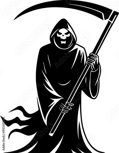 Hooded skull face phantom standing upright with towering scythe blade, eerie graveyard figure symbolizing mortality, supernatural dark character for merchandise branding, detailed gothic clipart desig