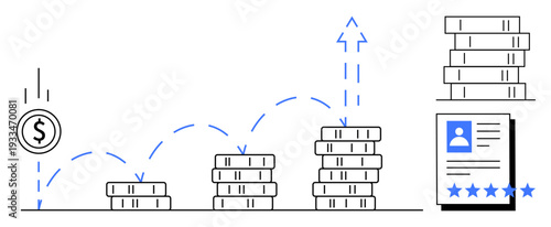 Stacked coins increasing in height next to a dollar symbol and a business document with a star rating. Ideal for finance, investment, business growth, economic success, market trends, personal