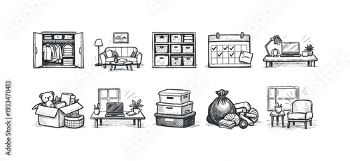 Home organization outline icon set. neat storage solutions, clutter-free outline collection