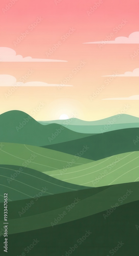 Fototapeta premium Rolling green hills stretch beneath a pastel-colored sky at sunrise or sunset