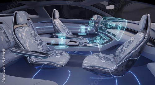 Futuristic automobile cabin interior showcases advanced digital interfaces and specialized seating