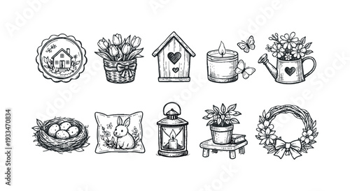 Vintage gardening outline icon set. hand-drawn, floral, decorative symbols collection