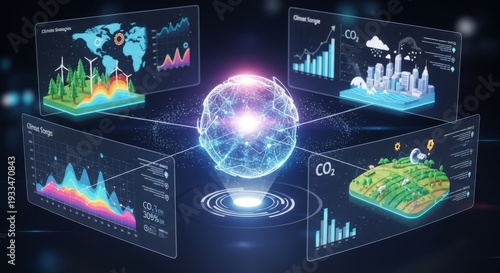 Advanced AI analyzes environmental data, creating vibrant visualizations of climate strategies for a sustainable future across various ecosystems, modeling, solutions, algorithmic