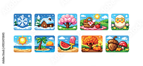 Seasonal pixel icon set. spring, summer, autumn, winter pixelated icons collection