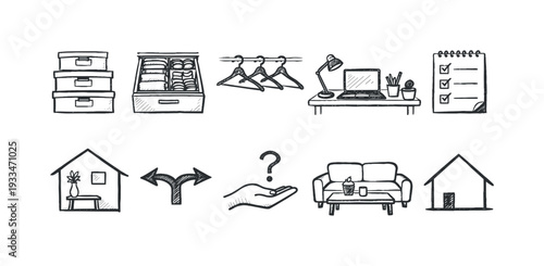Home organization and planning icon set. outline style for tidy spaces.