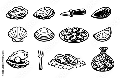 Oyster and Shellfish Line Art Icon Set – Seafood, Fine Dining, Coastal Cuisine Symbols