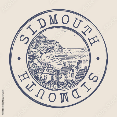 Vintage Sidmouth Devon badge featuring the iconic regency seafront and majestic red sandstone cliffs.
