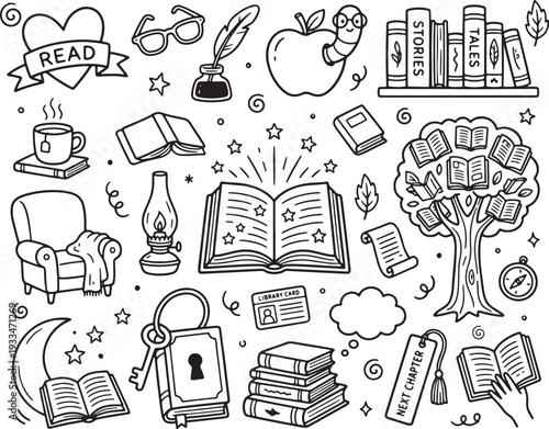 Hand Drawn Reading and Books Doodle Set, Large Set of Hand-Drawn Books and Reading Doodle Icons Vector Illustration, Bundle of Minimalist Education Storytelling and Study Pictograms