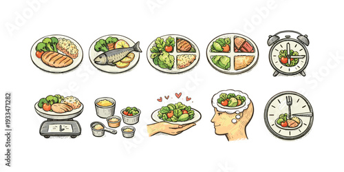 Healthy eating outline icon set. nutrition, meal planning icons collection