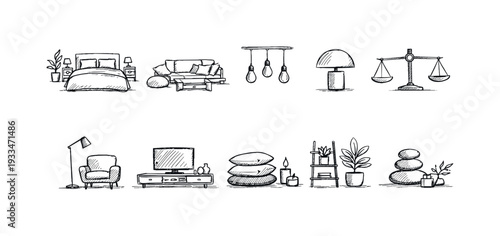 Hand-drawn furniture icon set. home, decor, room, lamp, balance sketches outlined.