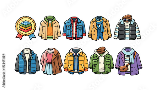 Winter clothing icon set. warm, cozy attire icons collection in flat style.