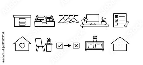 Home organization icon set. flat style icons for planning, storage, and home management