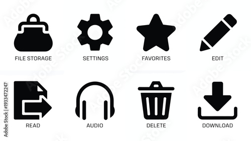 A set of nine minimalist silhouette icons for UI elements, including file storage, settings, favorites, edit, read, audio, delete, and download.