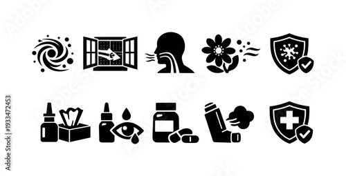 Allergy-related silhouette icon set. health, symptoms, and prevention symbols collection.