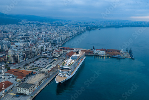 Cruise Ship Docked at the Port of Thessaloniki at Dusk