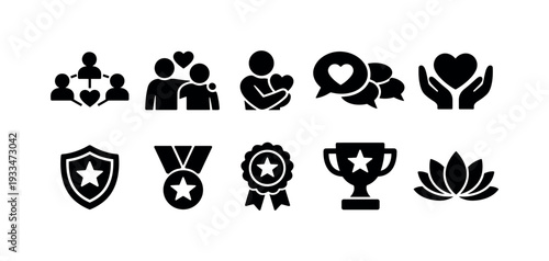 Community and achievement solid icon set. social, award, communication, heart symbols