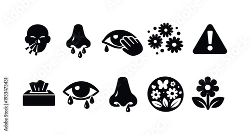 Allergy and symptom silhouette icon set. allergens, reactions, and symptom graphics.
