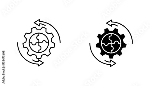Outline icon SET. of a gear with circular arrows representing workflow cycle, automation, continuous improvement, and business process optimization. Ideal for industry and productivity themes.