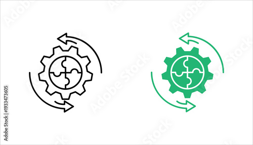 Outline icon SET. of a gear with circular arrows representing workflow cycle, automation, continuous improvement, and business process optimization. Ideal for industry and productivity themes.