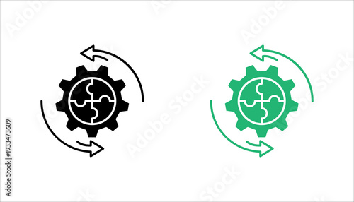 Outline icon SET. of a gear with circular arrows representing workflow cycle, automation, continuous improvement, and business process optimization. Ideal for industry and productivity themes.
