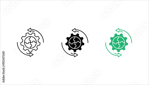 Outline icon SET. of a gear with circular arrows representing workflow cycle, automation, continuous improvement, and business process optimization. Ideal for industry and productivity themes.
