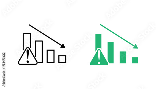 Minimal line icon showing a declining bar chart with a warning symbol, representing business risk, financial loss, crisis management, or negative performance trend. Suitable for analytics, economy, an