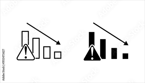Minimal line icon showing a declining bar chart with a warning symbol, representing business risk, financial loss, crisis management, or negative performance trend. Suitable for analytics, economy, an