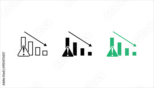 Minimal line icon showing a declining bar chart with a warning symbol, representing business risk, financial loss, crisis management, or negative performance trend. Suitable for analytics, economy, an