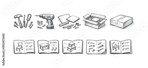 Diy assembly line icon set featuring tools, packaging illustrations in a sketch style