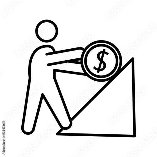 Outline icon of a person pushing a coin uphill, symbolizing financial effort, investment growth, hard work, and achieving economic goals. Ideal for finance, motivation, and success themes.