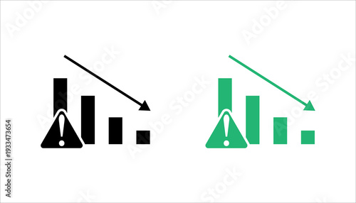 Minimal line icon showing a declining bar chart with a warning symbol, representing business risk, financial loss, crisis management, or negative performance trend. Suitable for analytics, economy, an