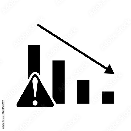 Minimal line icon showing a declining bar chart with a warning symbol, representing business risk, financial loss, crisis management, or negative performance trend. Suitable for analytics, economy, an
