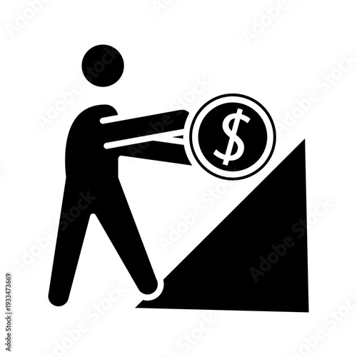 Outline icon of a person pushing a coin uphill, symbolizing financial effort, investment growth, hard work, and achieving economic goals. Ideal for finance, motivation, and success themes.