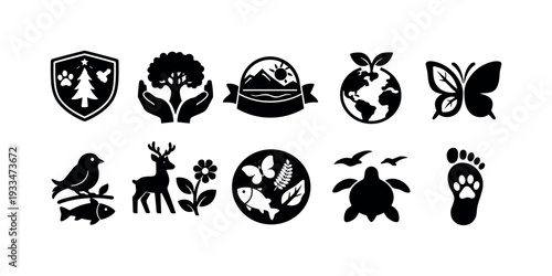 Nature conservation solid icon set. eco-friendly, wildlife, environment symbols